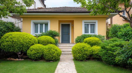 This charming yellow house features a well-maintained lawn and lush green bushes, creating a tranquil and inviting atmosphere in a serene residential area.の素材