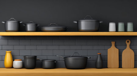 A beautifully arranged kitchen shelf showcasing an array of pots, containers, and cutting boards in a modern space, perfect for culinary enthusiasts and home decorators.の素材