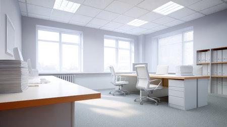 A bright and modern office interior featuring large windows, a clean desk setup, and ergonomic chairs, perfect for inspiring productivity and a professional atmosphere.の素材