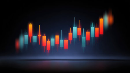 This abstract illustration features colorful candlestick patterns that symbolize market trends and fluctuations, ideal for finance and investment themes.の素材