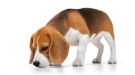 A charming beagle puppy explores its surroundings with curiosity, showcasing its playful demeanor and soft fur in a bright studio setting, perfect for pet-themed projects.の素材
