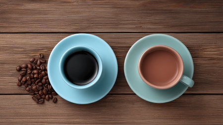 Aesthetic image of two coffee cups, one black and one brown, placed on a rustic wooden table with coffee beans. Perfect for showcasing beverage diversity and coffee culture.の素材