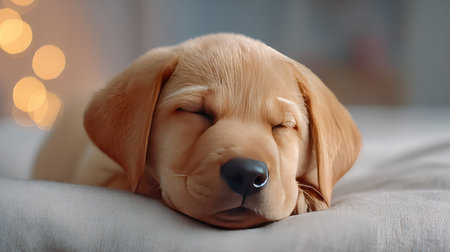 This charming image captures a golden retriever puppy sleeping peacefully, showcasing its gentle features and soft fur in a cozy, warm environment. Perfect for pet lovers.の素材