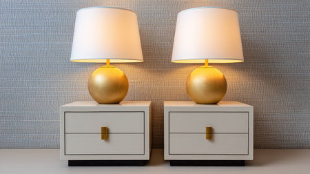This image features a stylish pair of modern nightstands adorned with round golden lamps casting a soft glow, perfect for enhancing any contemporary space with elegance and warmth.の素材