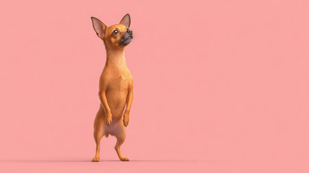 Adorable chihuahua dog standing upright on a soft pink background, showcasing its curious expression, ideal for pet-themed imagery and marketing materials.の素材