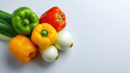 A vibrant arrangement of fresh vegetables including colorful bell peppers, onions, and green onions, perfect for promoting healthy eating and culinary creativity in food photography.の素材