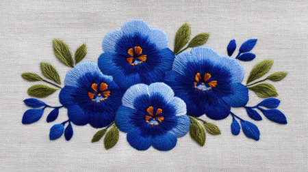 Stunning embroidery piece featuring vibrant blue flowers with delicate leaves, ideal for textile and decor projects, embodying craftsmanship and creativity.の素材