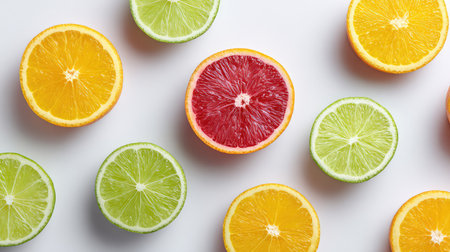 A captivating arrangement of citrus fruits featuring bright oranges, limes, and ruby-red grapefruits created for healthy lifestyle and culinary inspiration.の素材