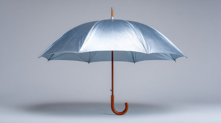 A sleek shiny silver umbrella with a wooden handle set against a neutral background, ideal for capturing themes related to rainy weather, fashion, and seasonal promotions.の素材