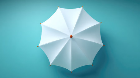 A stylish white umbrella rests elegantly on a teal background, embodying a fresh summer vibe. Ideal for creative and advertising use, this image evokes themes of protection and leisure.の素材