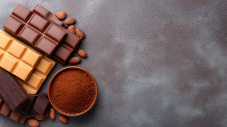 A tempting display of assorted chocolates including dark, milk, and white varieties, accompanied by cocoa powder and whole cocoa beans on a textured surface. Perfect for culinary inspiration.の素材