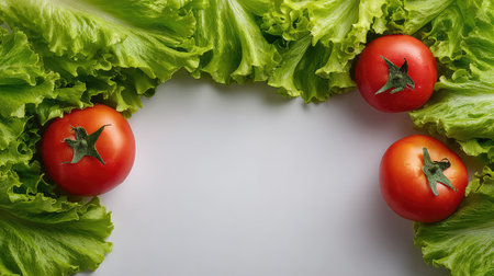 A colorful arrangement of fresh red tomatoes nestled among crisp green lettuce leaves against a neutral background, perfect for healthy meal ideas and culinary inspiration.の素材