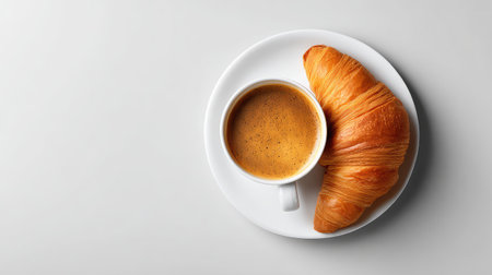 A captivating scene featuring a delicious croissant paired with a cup of freshly brewed coffee, perfect for breakfast or a delightful snack moment to enjoy solitude or company.の素材