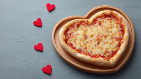 A delicious heart-shaped pizza sits on a wooden board, surrounded by playful red heart decorations, ideal for celebrating love or enjoying a romantic meal with someone special.の素材
