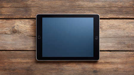 A sleek tablet computer resting on a rustic wooden table, ideal for showcasing technology in modern life. Perfect for marketing, education, and digital communication themes.の素材