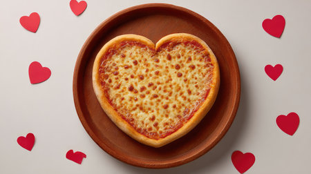 A heart-shaped pizza on a wooden plate, surrounded by red paper hearts, ideal for romantic occasions and celebrations filled with love and joy. Perfect for sharing!の素材