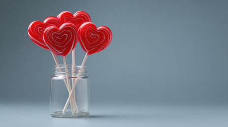 A charming arrangement of red heart-shaped lollipops in a glass jar set against a subtle blue background, ideal for Valentine's Day or sweet-themed projects and promotions.の素材