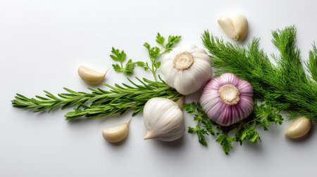 A vibrant arrangement of fresh garlic and green herbs, including dill and parsley, elegantly displayed against a white background, perfect for food photography and culinary use.の素材