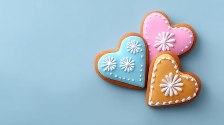 A delightful arrangement of heart-shaped cookies decorated with colorful icing and floral designs, perfect for celebrations and special occasions featuring a soft blue background.の素材