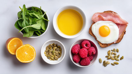 A vibrant arrangement of healthy breakfast ingredients including spinach, eggs, orange, raspberries, and pumpkin seeds, showcasing nutrition and culinary inspiration on a marble surface.の素材