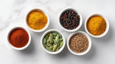 A vibrant collection of spices in small white bowls, showcasing various colors and textures, perfect for adding flavor and inspiration to culinary creations.の素材