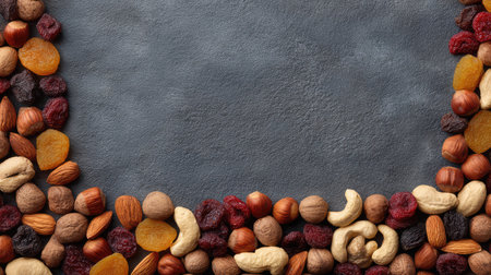 A vibrant collection of assorted dried fruits and nuts arranged beautifully on a textured gray background, perfect for culinary and health-related themes in stock photography.の素材