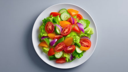 A vibrant salad featuring fresh tomatoes, cucumbers, bell peppers, and crisp lettuce, perfect for showcasing healthy eating and lifestyle choices.の素材
