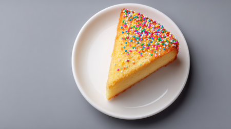 A tempting slice of yellow cake with vibrant sprinkles rests on a clean white plate, showcasing a delightful dessert ideal for various celebrations and gatherings.の素材