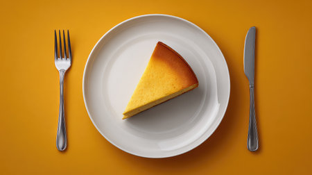 A delectable slice of cheesecake sits elegantly on a white plate, paired with a fork and knife, set against a vibrant yellow background that enhances the culinary appeal.の素材
