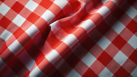 Vibrant red and white checkered tablecloth with a soft texture and elegant wrinkles, perfect for enhancing dining experiences and food presentation in various settings.の素材
