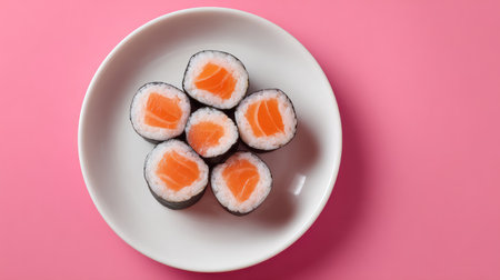 A visually striking arrangement of fresh salmon sushi rolls on a white plate, set against a vibrant pink background, ideal for food enthusiasts and culinary projects.の素材