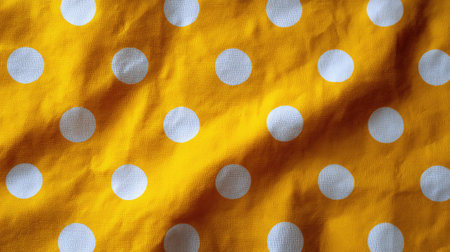 A vibrant yellow fabric adorned with white polka dots offers a cheerful and playful design, perfect for use in crafts, home decor, and fashion projects.の素材
