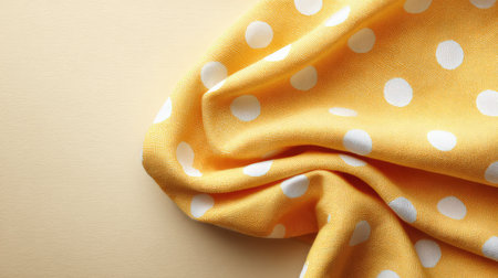A vibrant yellow fabric adorned with playful white polka dots, elegantly draped against a soft beige background, ideal for various design and textile projects.の素材