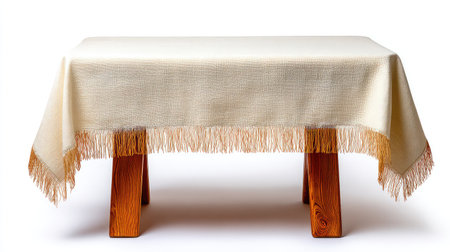 A beautiful cream tablecloth with fringed edges drapes elegantly over a sturdy wooden table, perfect for enhancing any dining space with a warm and inviting atmosphere.の素材