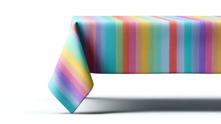 A vibrant tablecloth adorned with colorful stripes in pastel hues, perfect for enhancing dining experiences and adding a cheerful touch to home decor or events.の素材