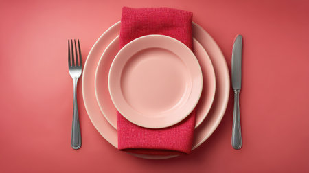 Experience a stylish dining arrangement featuring soft pink plates and a red napkin, set against a vibrant coral background, perfect for culinary photography or table decorating.の素材