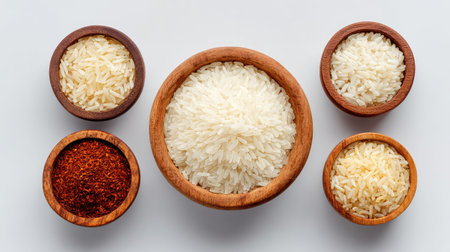 A captivating composition featuring an array of rice varieties in wooden bowls, perfect for culinary enthusiasts. Ideal for food-related projects and marketing materials.の素材