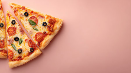 Enjoy these vibrant slices of pizza topped with fresh ingredients, perfect for representing delicious meals in culinary projects or marketing materials.の素材