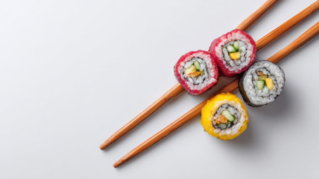 Vibrant sushi rolls on a white surface with chopsticks highlight the artistry of Japanese cuisine, perfect for food art and culinary projects in photography and design.の素材