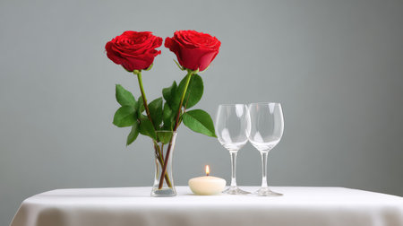 A beautifully arranged table featuring vibrant red roses in a sleek vase, accompanied by two elegant glasses and a soft candle, creating a romantic ambiance for special moments.の素材