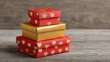 Three beautifully arranged gift boxes in vibrant red and gold, adorned with heart patterns, set against a rustic wooden background, perfect for festive occasions.の素材
