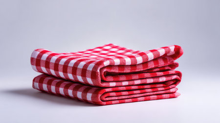 A vibrant red and white checked tablecloth, neatly folded, offers a charming accent for kitchen and dining settings. Ideal for picnics and cozy dinners.の素材