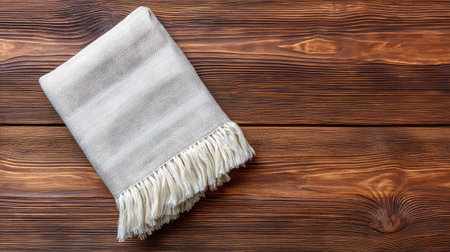 This light beige blanket adds warmth and comfort to any space, beautifully draped on a rustic wooden surface, creating an inviting and serene atmosphere perfect for photography or home styling.の素材