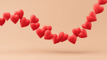 A delightful arrangement of vibrant red hearts hanging in a curved line against a soft peach background, perfect for conveying love and emotion in various creative projects.の素材