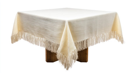 This elegant white tablecloth features beautifully fringed edges, adding a sophisticated touch to any dining experience or special occasion while enhancing interior decor.の素材