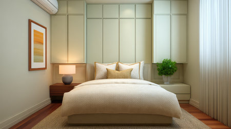 This modern bedroom design offers a cozy atmosphere with soft textures, warm colors, and elegant decor, perfect for creating a relaxing personal retreat in a home setting.の素材