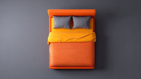 Explore this vibrant modern bed design with bright orange and yellow bedding, showcasing a stylish and inviting atmosphere in a minimalist bedroom setting.の素材