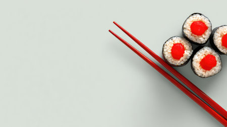 A delicious arrangement of sushi rolls featuring bright red toppings, complemented by traditional chopsticks, set against a soft gray backdrop, perfect for culinary enthusiasts.の素材