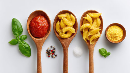 This image features an aesthetically pleasing arrangement of wooden spoons holding tomato sauce, pasta, fresh basil, and spices, perfect for meal preparation in a kitchen setting.の素材