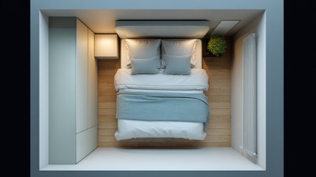 A stunning bird's-eye view of a modern minimalist bedroom featuring soft bedding, ambient lighting, and natural decor elements, creating a tranquil and inviting atmosphere.の素材